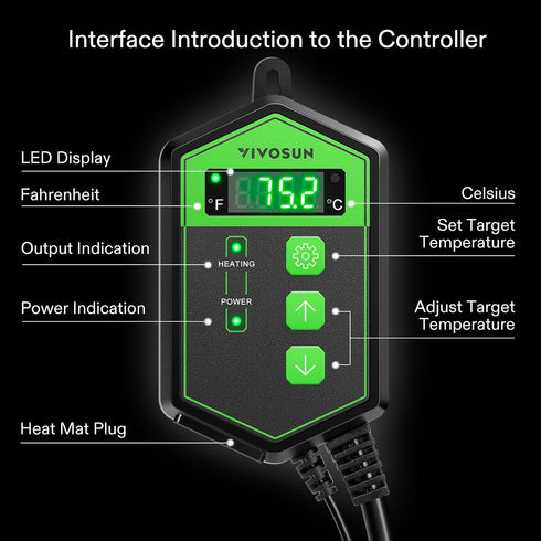 VIVOSUN Digital Heat Mat Thermostat Temperature Controller, 40–108 ºF 1000W for Reptiles, Seedlings, Germination