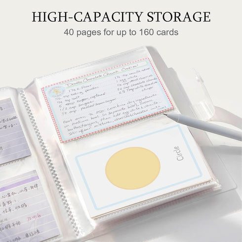 BetterJonny 3x5 Index Card Organizer, Index Cards Clear Plastic Holder Organizer Pouches Book Recipe Card Holder Flash Cards Holder, 40 Page Hold 160 Cards, 200 Pcs Post-It Index Tabs