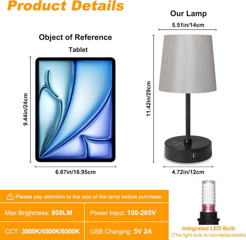 3 Dimmable Ascher Small Bedside Table lamp, RGB Color Changing Lamps, Color Temperatures Nightstand Lamps with USB C