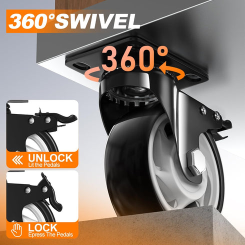 5 Inch 2600lbs (Set 4) Heavy Duty Casters, Capacity of - Industrial Swivel Caster Wheels with Brakes for Workbenches