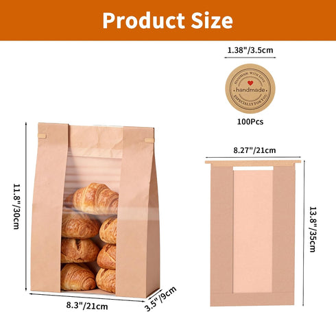 100Pcs 13.78.23.7in 80g 100 Sourdough Bread Bags with Window Bread Bags for Homemade Bread, Thick Coated Kraft