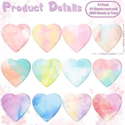 Teling 24 Pcs Valentine's Day Heart Shaped Sticky Notes, Cute Fun Memo Pads for Girls Women Lover