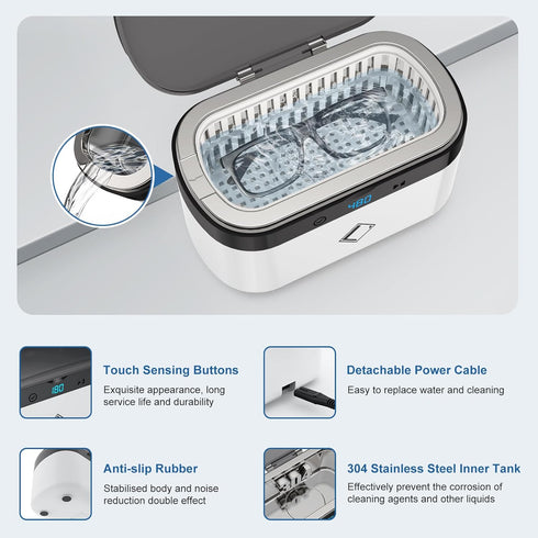 LifeBasis Ultrasonic Jewelry Cleaner, 500ML Portable 42kHz Cleaner with 5 Digital Timer and Watch Holder - White