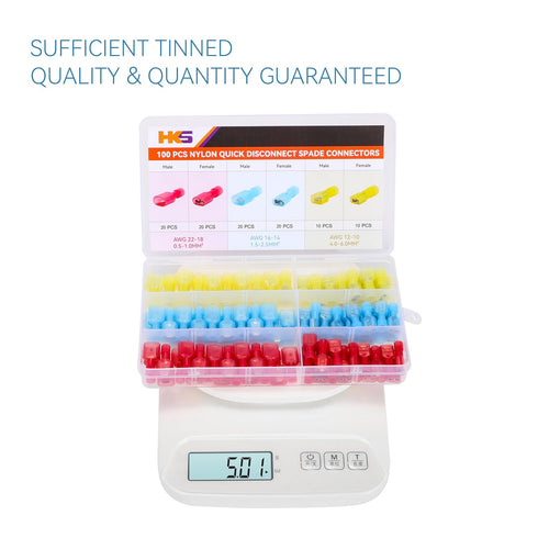 HKS 100PCS Nylon Spade Quick Disconnect Connector Kit - Male and Female Electrical Wire Connectors Kit - Tinned Copper - Cold-Pressed Wire Spade Terminal Automotive Crimp Assortment Insulated