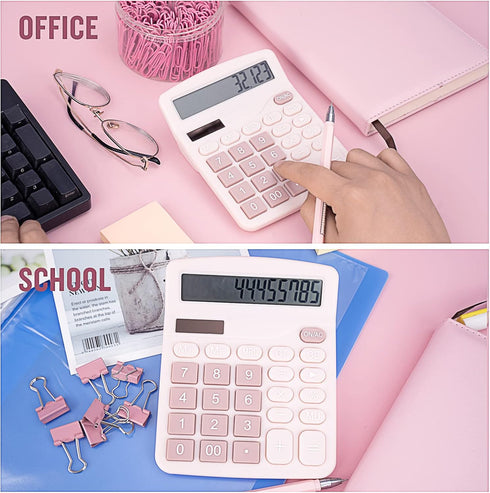 Cute Pink Desktop Calculator with Big Buttons, Dual Power Source, Large Display Screen, Perfect for Office, Teachers,