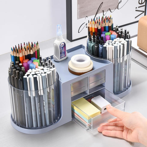 Rotating Desk Organizer with 2 Pen Holders, 10 Slots Pencil Holder + 3 Drawer, Art Supply Storage Box (Blue)