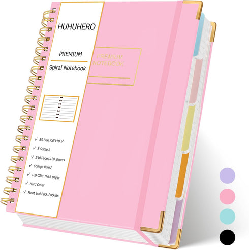 Huhuhero 5 Subject Notebook with Dividers, 240 Pages, Pink Spiral Journal Notebook, College Ruled, B5 Hardcover