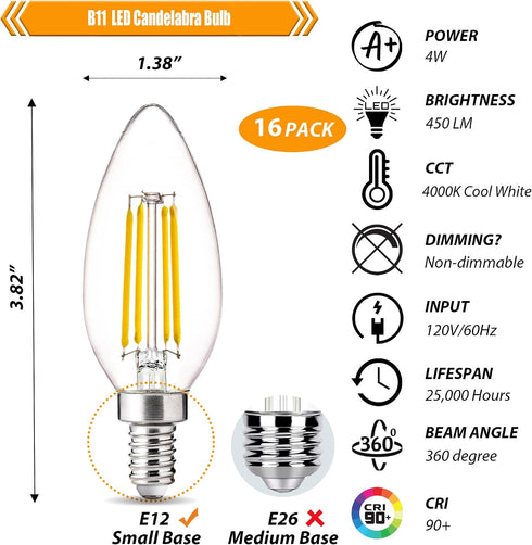 16 Pack Bulbs 40W 4000K B11 4W Bulbs 90 450LM, E12 Non-Dimmable LED Candelabra Equivalent, Cool White, LED Light