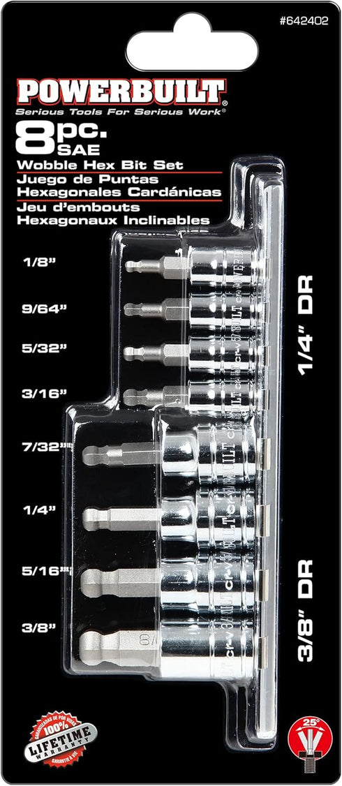 Powerbuilt 642402 8-Piece SAE Wobble Ball Hex Bit Set, Silver