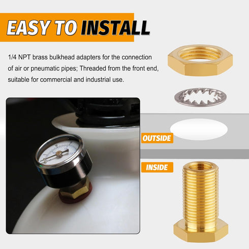 KOOTNAS 2-Pack Solid Brass Bulkhead Fittings, 1/4 NPT Taper Female, 3/4" Straight Male Thread Connector for Water Tank