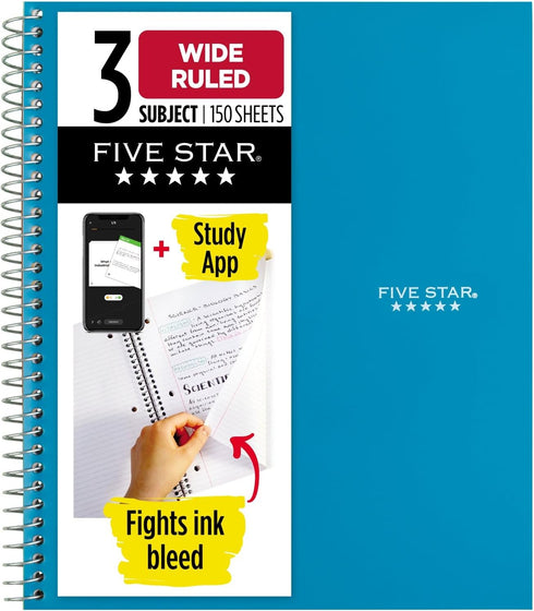 Five Star Spiral Notebook + Study App, 3 Subject, Wide Ruled, 150 Sheets, 10-1/2" x 8" Tidewater Blue (73184)