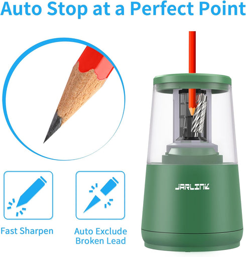 JARLINK Electric Pencil Sharpener, Heavy-Duty Helical Blade for Fast Sharpening, USB/Battery Operated, Green