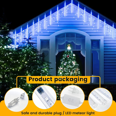 144LED 8 Meteor Shower Lights, Blue Holiday Outdoor Illumination with Tubes, Waterproof Hanging Display for Garden Yard