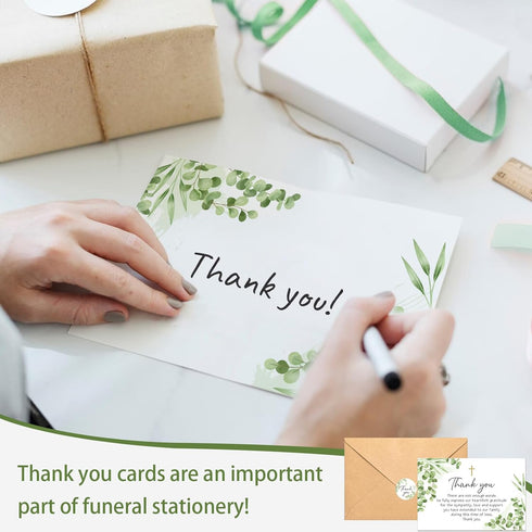 50Pcs Funeral Sympathy Thank You Cards with Envelopes and Matching Seal Stickers, Green Leaf Cross Bereavement Card