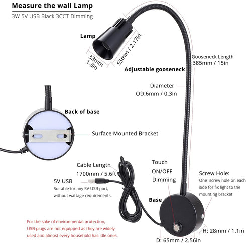 5V Dimmable 6000K 4000K 3000K 15" 1-Pack USB Wall Mounted Bedside Reading Lamp Colors Change Wall Sconce Aluminum Black