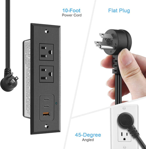 CCCEI 10 45 Recessed Power Strip with Two USB-C Ports, Fast Charging USB A Port Desk Outlet, Black Furniture Hidden