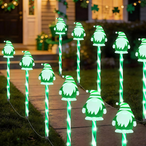 DTNESS 12 Packs 8 Lovely Elf Pathway Lights Outdoor Decorations for St. Patricks Day, Green Lucky Gnome w/ Modes