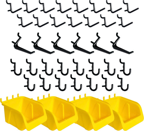 WallPeg Pegboard Bin & Peg Hook Assortment Set, 4 Yellow Bins with J, L, and Jumbo Style Hooks for Organizing