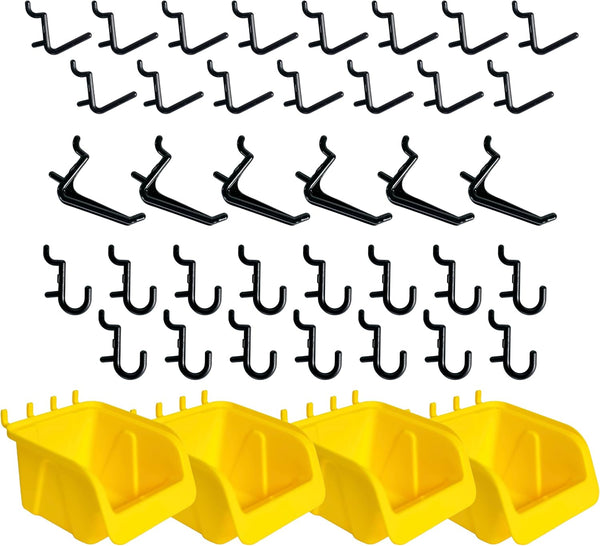 WallPeg Pegboard Bin & Peg Hook Assortment Set, 4 Yellow Bins with J, L, and Jumbo Style Hooks for Organizing