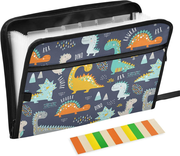 Cute Dinosaur Expanding File Folder with Sticky Labels, 13 Pocket Dark Blue Kids Accordion File Folder Document