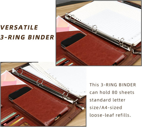 WRIYES Leather Padfolio with 3 Ring Binder, Zippered Portfolio Organizer, Professional Business Binder for