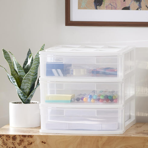 Gracious Living 3 Drawer Desktop Organizer, Craft Storage with Organization Lid for Office Supplies, White/Clear