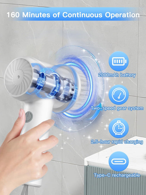 IPX7 2 Settings 6 Electric Spin Scrubber - Cordless Waterproof Shower Scrubber with Speed and Replaceable HeadsElectric