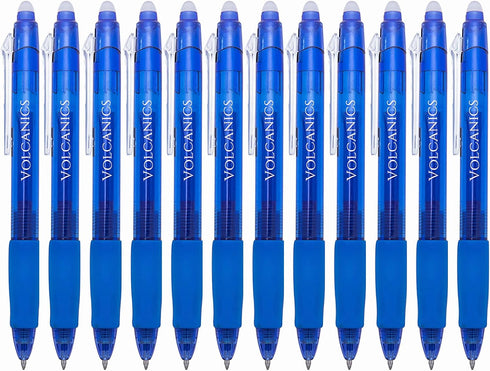 Volcanics 12 Pack Retractable Clicker Erasable Gel Pens - 0.7mm Ball Point, Heat Erase with Built-in Eraser