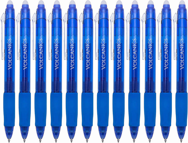 Volcanics 12 Pack Retractable Clicker Erasable Gel Pens - 0.7mm Ball Point, Heat Erase with Built-in Eraser
