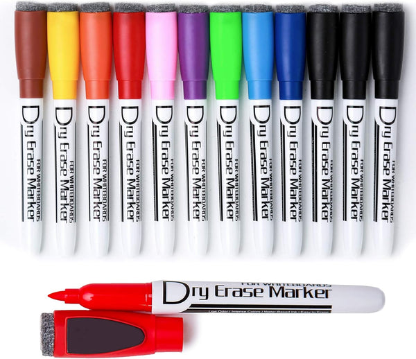 Volcanics Dry Erase Markers – Magnetic Dry Wipe Pens with Eraser Cap, Low Odor, Fine Tip, Pack of 12, 10 Colors
