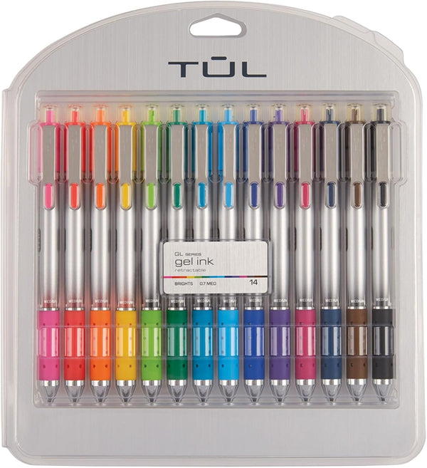 TUL WHJJK Retractable Gel Pens - Bullet Point, 0.7 mm, Gray Barrel, Assorted Colors, Pack of 14