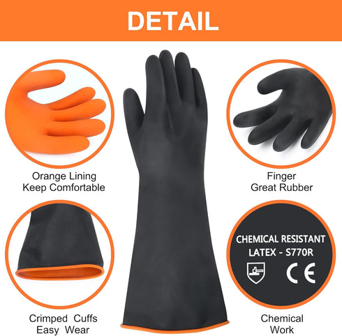 18" XL Size Reusable Heavy Duty Latex Gloves, Chemical Resistant Dishwashing Gloves for Men, Waterproof Protection