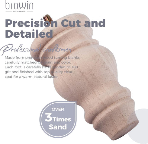 Btowin 5 inch 4Pcs 5/16'' Unfinished Wooden Bun Feet, Solid Wood Furniture Legs with Threaded Hanger Bolts & Mounting
