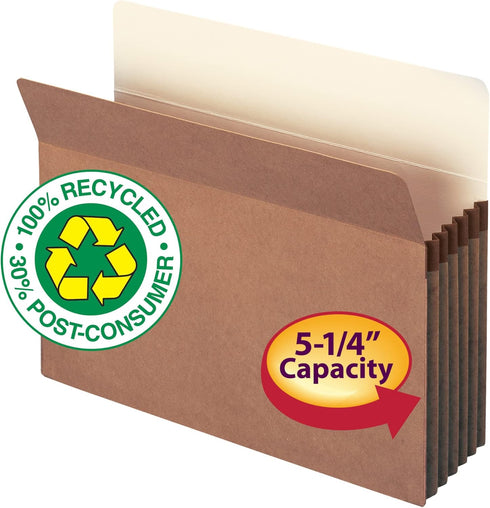 Smead 100% Recycled File Pocket, Straight-Cut Tab, Letter Size, 5-1/4" Expansion, Redrope, 10 per Box (73206)