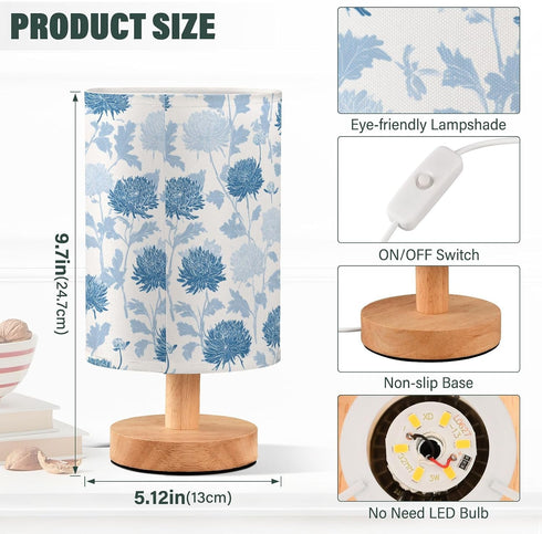 ALAZA Bedside Table Lamp for Bedroom Blue Chrysanthemum Floral Nightstand LED Light Lamps with USB Port Linen Fabric