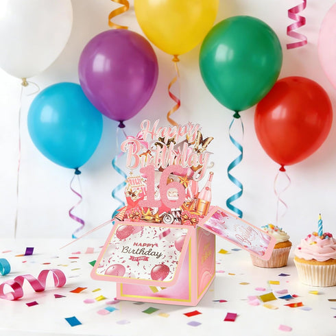 FOBELEC 16th 16 3D Birthday Card with Envelopes for Girls, Birthday Decorations for Daughter, Sweet Bday Gift Box