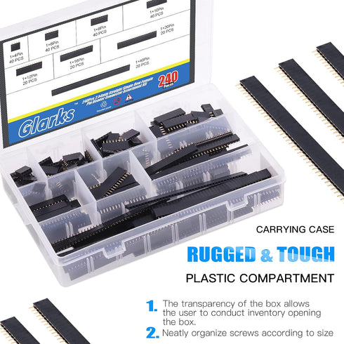Glarks 240Pcs 2.54mm Straight Single Row PCB Board Female Pin Header Socket Connector Kit