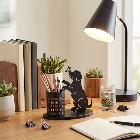Tandefio Dog Pen Holder for Desk Cute Black Pencil Holder Metal Desk Accessories Organizer Makeup Brush Pen Cups