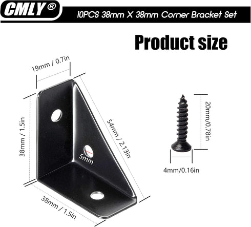 CMLY 10Pcs 38mm 38mm, Corner Brackets, x Black Steel, Triangle Shelf Brackets, Corner Desk Connectors for Wood, Metal