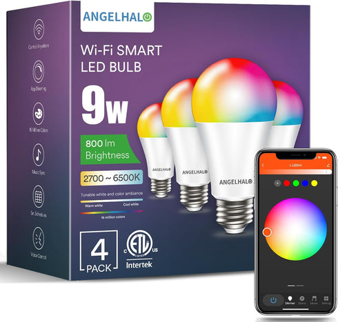 ANGELHALO Smart Light Bulbs, Color Changing A19 LED Light Bulb, Work with
