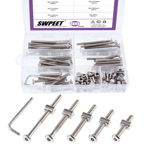 Swpeet 100Pcs Crib Hardware Screws, Nicked Plated M6 40/50/60/70/80mm Hex Socket Head Cap