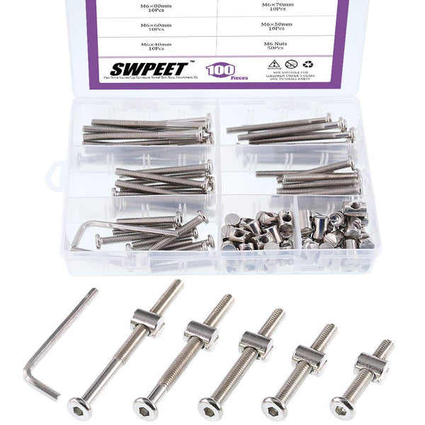 Swpeet 100Pcs Crib Hardware Screws, Nicked Plated M6 40/50/60/70/80mm Hex Socket Head Cap