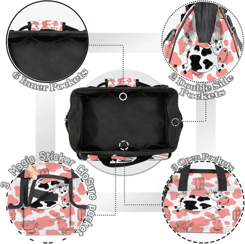 Mularoka Backpack 14.8 Inch Milk Cow Tattoo Tool Bag Multi Pockets Wide Mouth Tool Pouch For Men Women Waterproof Soft