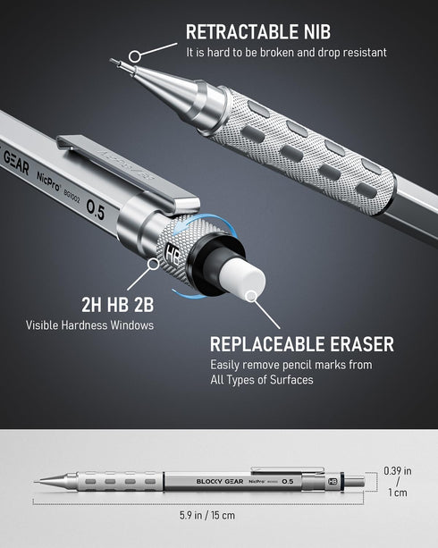 Nicpro 2 Pack Blocky Gear Metal Mechanical Pencils Set with Case, 0.5 mm & 0.7 mm Lead, 360PCS Refills, 3 Erasers