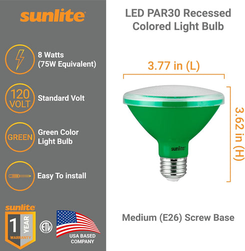 Sunlite LED PAR30 Short Neck Colored Recessed Light Bulb, 8 Watt (75W Equivalent), Medium (E26) Base, Floodlight, ETL Listed, Green, 3 Count by Sunlite