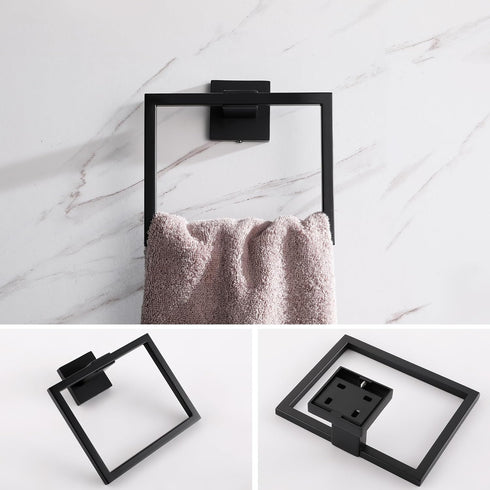 Hand Towel Holder for Bathroom, Matte Black Square Wall Mount Towel Rings, SUS 304 Stainless Steel Shower Hanger