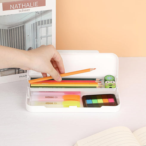 BTSKY Little Duck Double Layers Plastic Pencil Box Cute Pen Box Organizer Plastic Storage Box with Compact Size for Pencils, Erasers, Paper Clips and Other Small Stationery Supplies, White