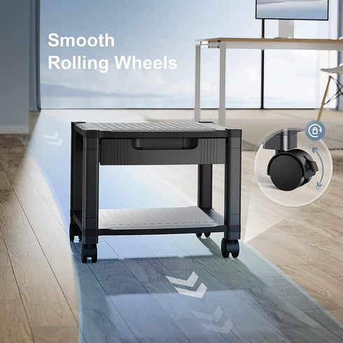 HUANUO Printer Stand with Cable Management, Storage Drawer, Locking Wheels, 14.1-inch Maximum Height Printer Cart