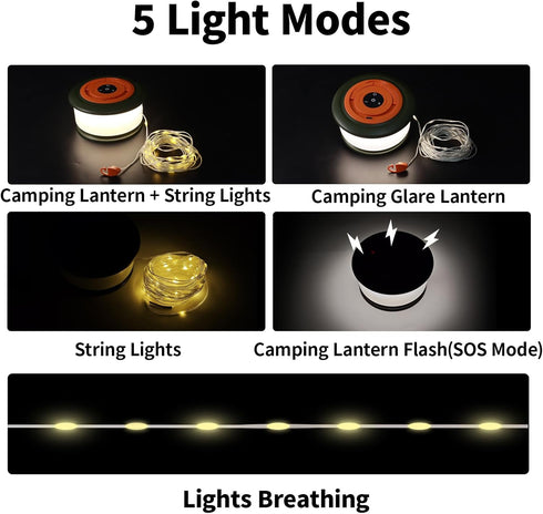 Phylosal 3 1 6 32.8FT Camping String Lights, in Outdoor Camping Light with Lighting Modes, Quick Storage Rechargeable