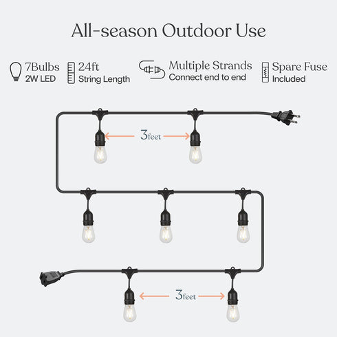 24 Dimmable 2w Bulbs -Commercial 7 Brightech Ambience Pro - Ft Waterproof LED Outdoor String Lights - Hanging, Vintage